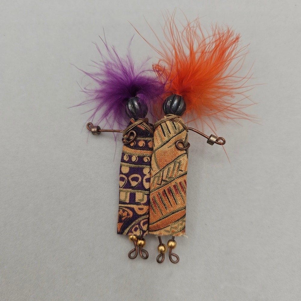 Women Doll Pin Brooch Art Fabric Feather Wire Mixed Media Statement 3"Tribal